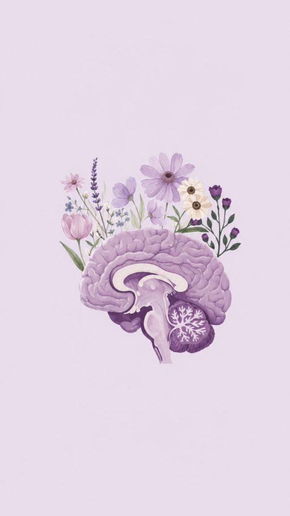 Illustration of an anatomical purple brain cross-section with flowers behind it on a light purple background.