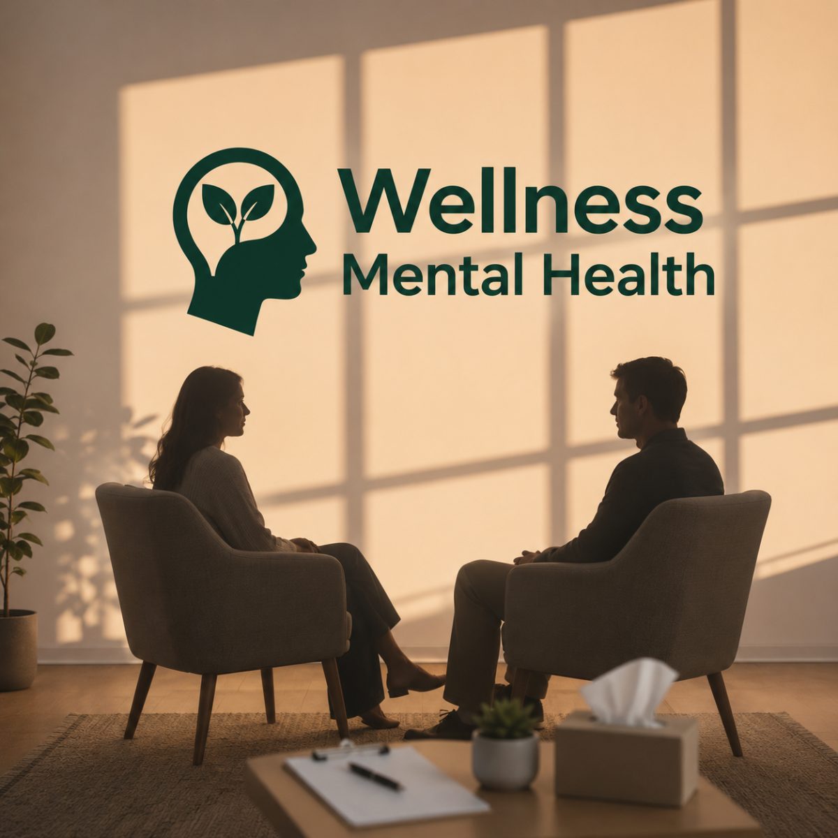 The Wellness Mental Health logo with a head-and-leaf icon is shown on a wall above two people seated facing each other in armchairs in a softly lit room.