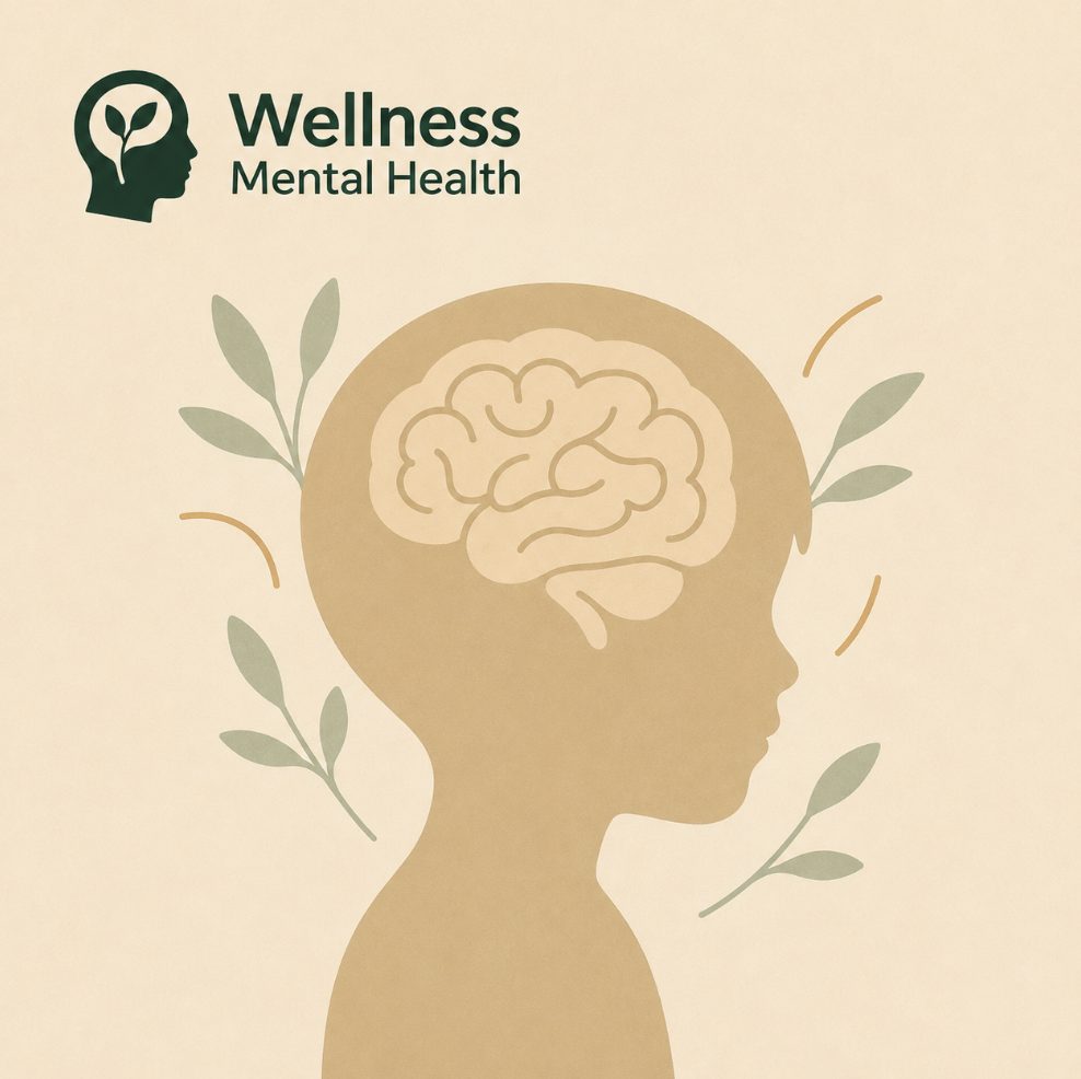 The image shows a beige silhouette of a head with a stylized brain and leaf accents, with the 'Wellness Mental Health' logo at the top left.