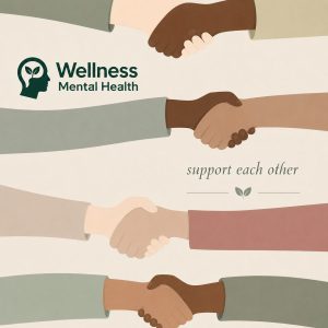 Illustration of multiple pairs of hands shaking alongside the Wellness Mental Health logo and the words support each other.