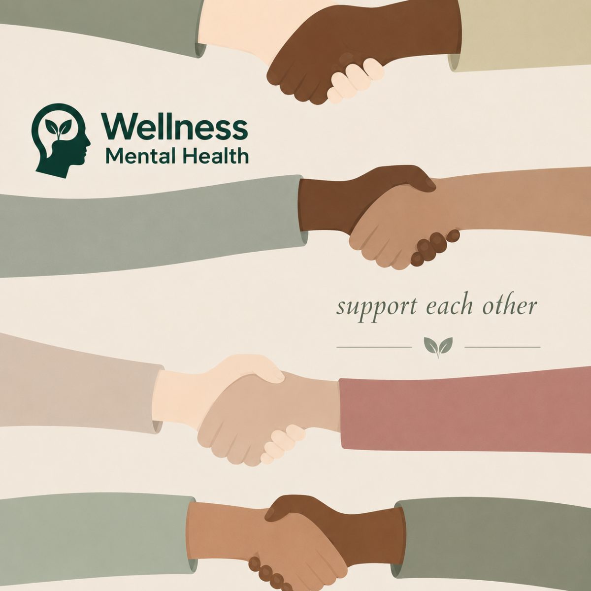 Illustration of multiple pairs of hands shaking alongside the Wellness Mental Health logo and the words support each other.